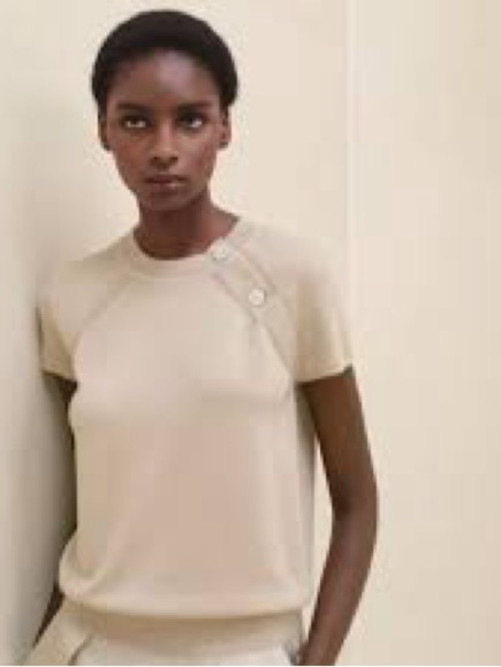 Hermes Cream Short Sleeve Crewneck with Button Detail